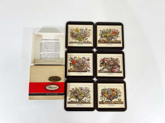 Vintage Floral Coasters Set of 6 Pimpernel Acrylic Cork Traditional Botanical Cottagecore 1980s Colonial Williamsburg Made in England