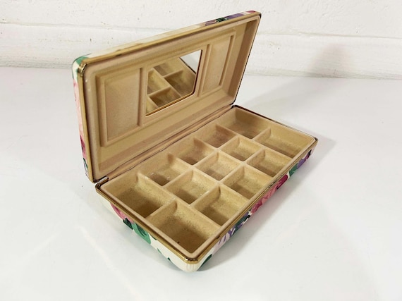 Vintage Floral Jewelry Box Velvet Earring Ring Case Pink Blue Pastel Necklace Storage 1980s