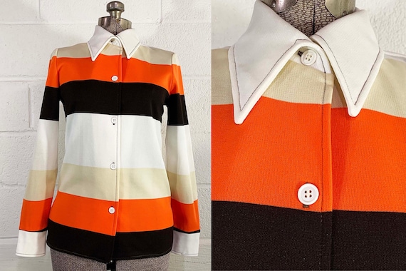 Vintage Mod Top 70s Orange Brown White Ivy Stevens 1970s Long Sleeved Button Front Gogo Striped Stripes Colorful Dopamine Small Medium