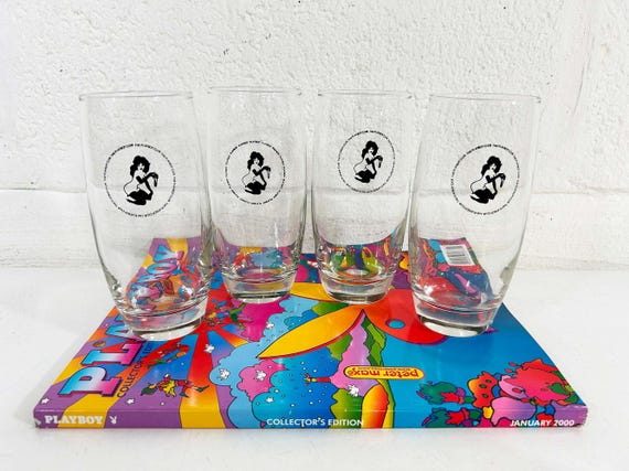 Vintage Playboy Club Highball Glasses Set of 4 Bunny Black Tall 1970s Playmate Water Pilsner Drinking Glass Tumbler