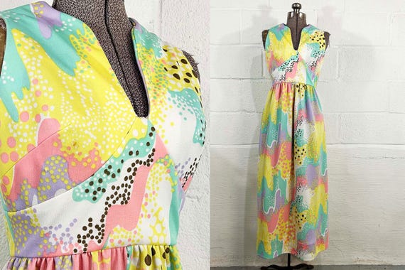 Vintage Maxi Dress Shannon Rodgers for Jerry Silverman 1960s Colorful Floral Designer Sleeveless Hostess Gown Mod 60s Small XS