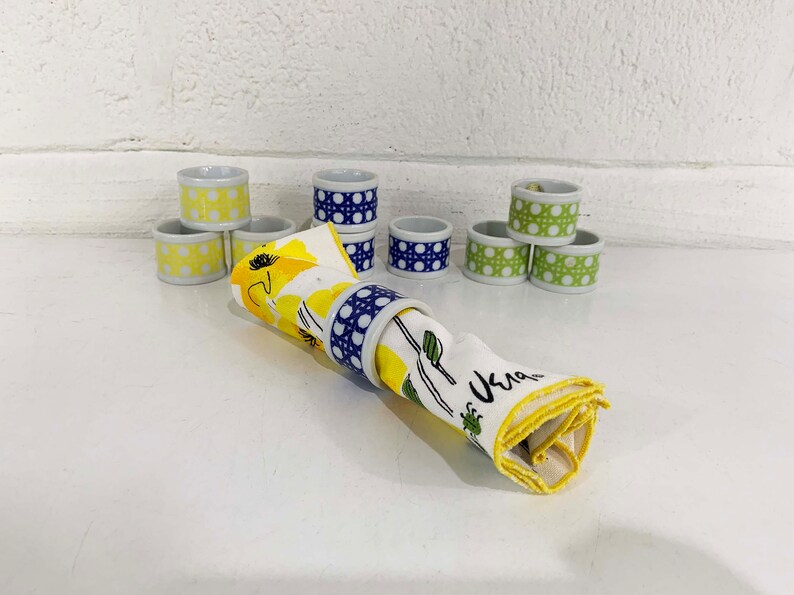 Vintage Napkin Rings Set of 10 Takahashi Porcelain Japan Ceramic Ring Blue Green Yellow Colorful White Dinner Table Party 1980s image 6