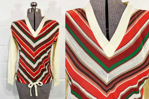 Vintage Chevron Knit Sweater Rainbow Pullover Jumper Long Sleeved Helen Sue 1970s Small XS