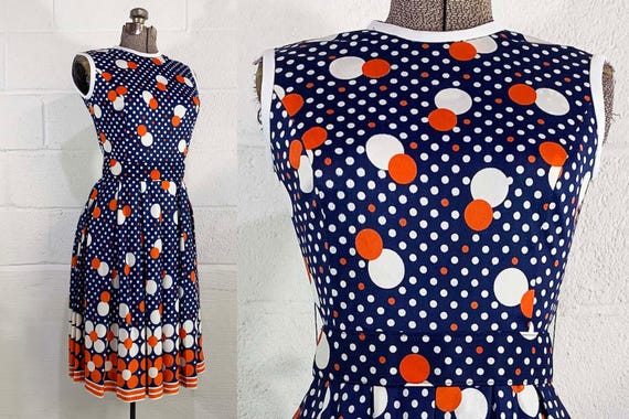 Vintage Floral Dress 60s Flower Power Mod Nancy Greer Polka Dot Midi Fit and Flare Pleated Skirt Sleeveless 1970s 1960s 70s Small XS