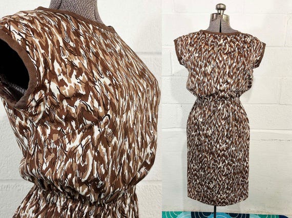Vintage Brown Abstract Day Dress Short Cap Sleeve Linen Trim Wiggle Work Appropriate 1960s Medium Large
