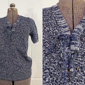 Vintage Marled Sweater Pullover Navy Blue 1970s Tie Neck Short Sleeve Knit Small
