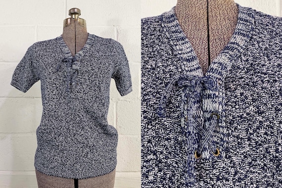 Vintage Sweater Pullover Navy Blue White 1970s 70s Tie Neck Short Sleeve Knit Miss Scotch English Small