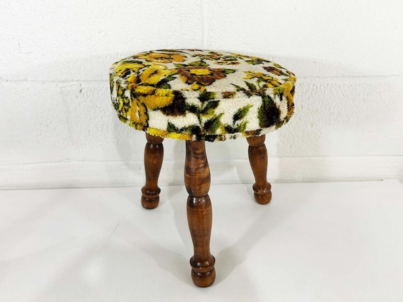 Vintage Floral Mini Stool Handmade Mid-Century 1970s Tripod Foot Rest Kid's Room Nursery Flowers Country Dopamine