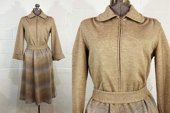 Vintage Mod Brown Dress Tan Pedestal Originals 3/4 Sleeves A-Line Ombre Fade Gray Striped Chevron Peter Pan Collar 1960s 1970s Small