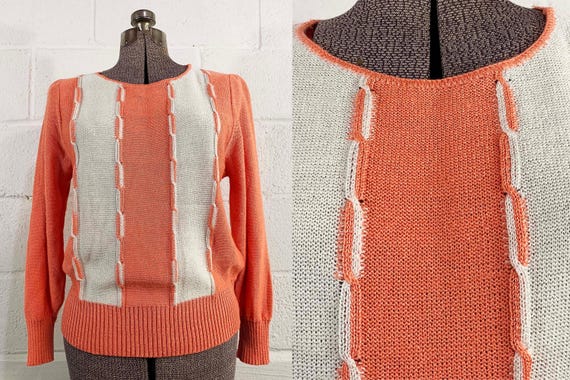 Vintage Long Sleeve Sweater White Peachy Summer Knit 1980s Striped Stripes Sleeves Vivanti 80s Large Medium