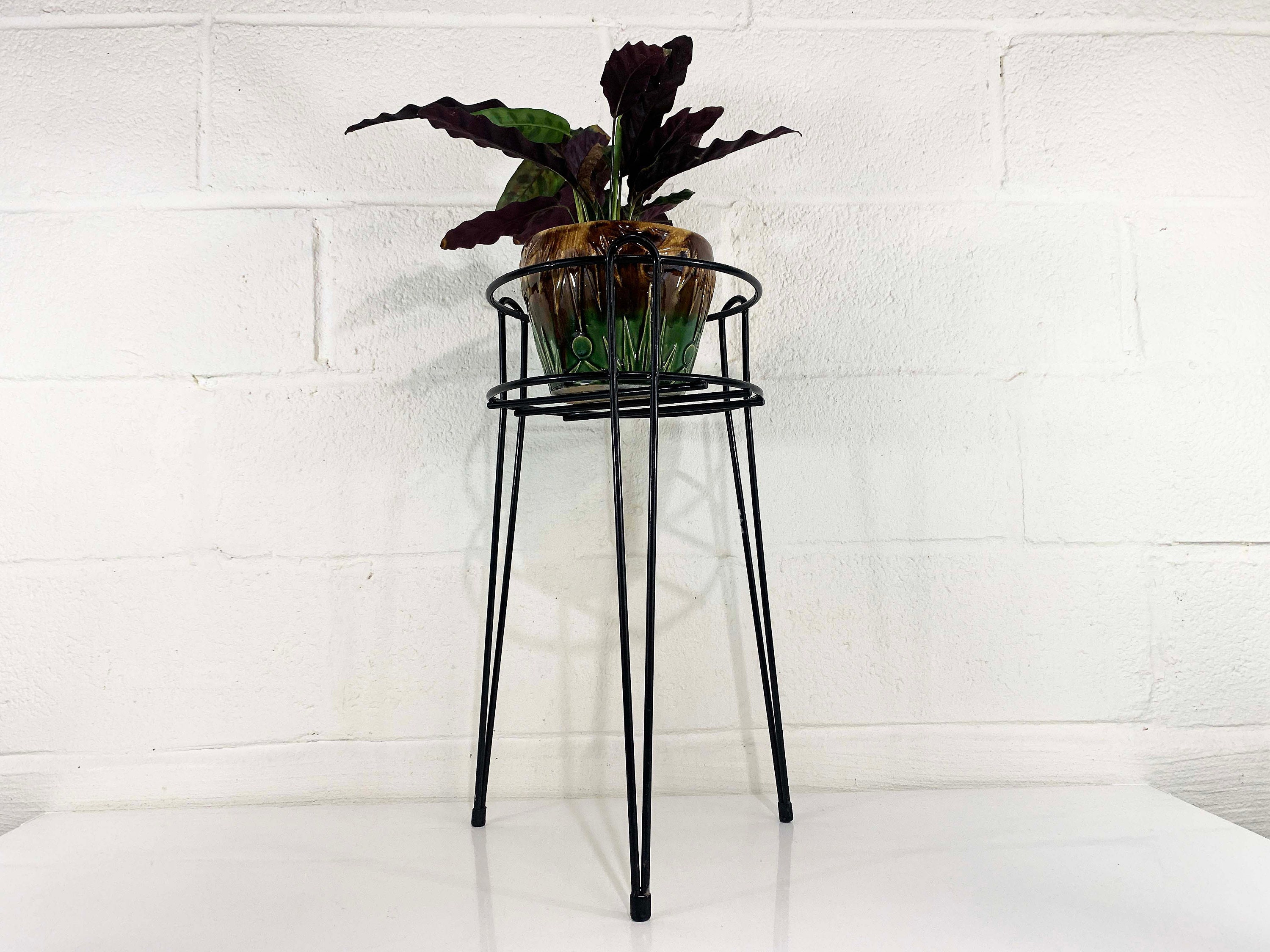 Vintage Black Plant Stand Tripod Tall Hairpin Legs MidCentury Retro