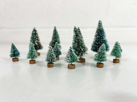 Vintage Tiny Evergreen Trees for Putz House Village Set of 13 Christmas Decoration Xmas Mid-Century White Snow