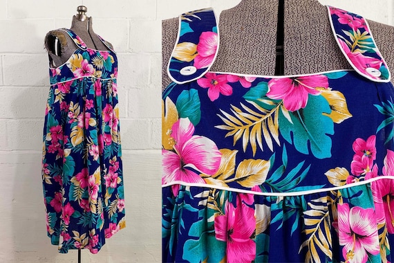 Vintage Pink Floral Sundress Tank Sun Dress Sleeveless 1980s 80s Boho Midi Summer Wide Straps Snap Front Trapeze XL Large