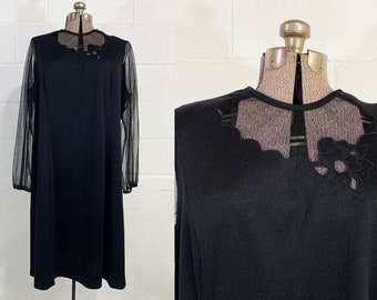 Vintage Black A-Line Dress Sheer Long Sleeves Cocktail Party New Year's Eve Wedding 1980s 80s Plus Curvy Volup XXL 1XL 1X 2XL 2X 3XL 3X