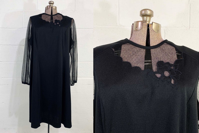 Vintage Black A-Line Dress Sheer Long Sleeves Cocktail Party New Year's Eve Wedding 1980s 80s Plus Curvy Volup XXL 1XL 1X 2XL 2X 3XL 3X image 1