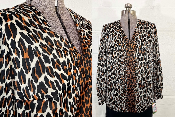 Vintage Vanity Fair Pajama Blouse Leopard Print Nylon Lounge Top V Neck Long Sheer Sleeves 1970s 1960s Large