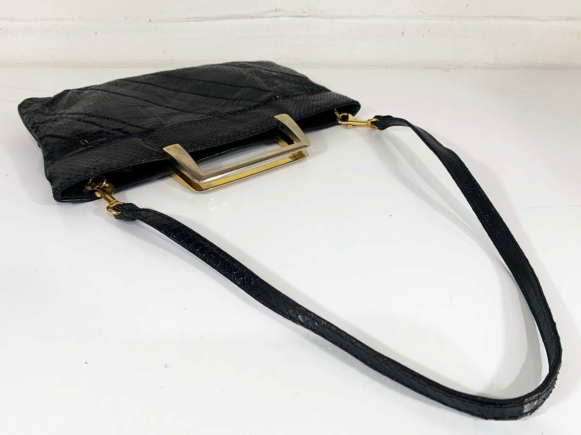 Vintage Caprice Snakeskin Clutch Leather Purse Black Shoulder Bag ...