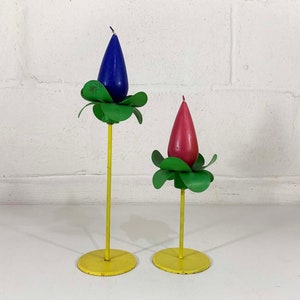 Vintage Metal Candle Holders Pair Green Yellow Candlesticks Decor Candleholder Wedding Candlestick Candleholders Flowers Petals 1970s image 1