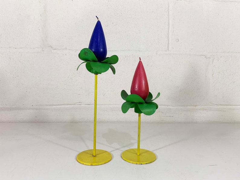 Vintage Metal Candle Holders Pair Green Yellow Candlesticks Decor Candleholder Wedding Candlestick Candleholders Flowers Petals 1970s image 1