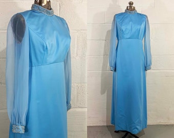 Vintage Mod Maxi Dress Blue Hostess Gown Prom Wedding Holiday Cocktail Party Twiggy Megan Draper Sheer Long Sleeves Beaded 1960s 60s Small