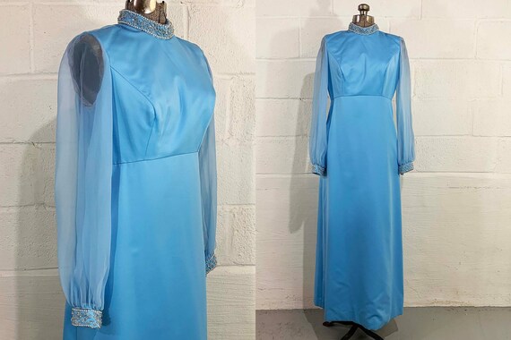 Vintage Mod Maxi Dress Blue Hostess Gown Prom Wedding Holiday Cocktail Party Twiggy Megan Draper Sheer Long Sleeves Beaded 1960s 60s Small