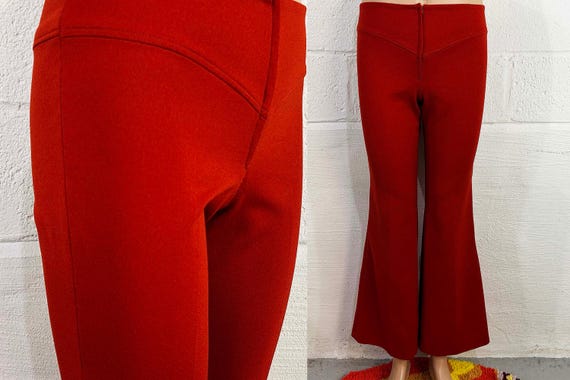 Vintage Red Flare Pants Rust Color Mod Hip Huggers 1960s 1970s Wide Leg Pants Zip Fly Wine Textured Separates Hippie 70s Small Medium