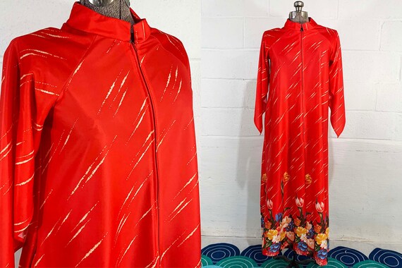 Vintage Red Kaftan Boho Loungewear Robe One Size Floral House Dress Trapeze Muumuu Sharkbite Hem Maxi 1980s 1970s Large Short Sleeve