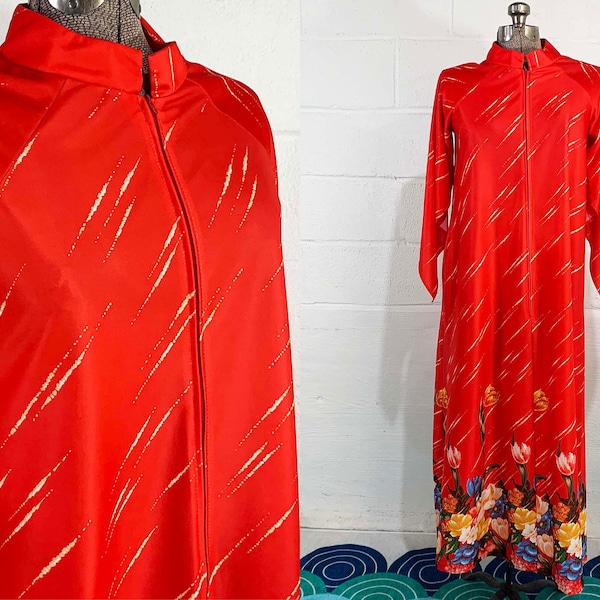 Vintage Red Kaftan Boho Loungewear Robe One Size Floral House Dress Trapeze Muumuu Sharkbite Hem Maxi 1980s 1970s Large Short Sleeve