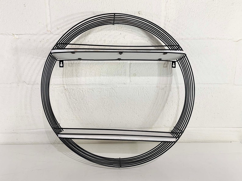 Vintage Black White Metal Wood Wall Shelf Storage Mid-Century Retro MCM Minimal Design Wire Rack Plant Holder Round Circle Hanging image 1