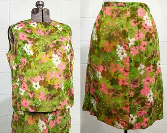 Vintage-Blumen-Outfit, ärmelloses Top und Rock, Set in Rosa und Grün, Mod-Sekretärinnen-Look der 1960er Jahre, Größe L
