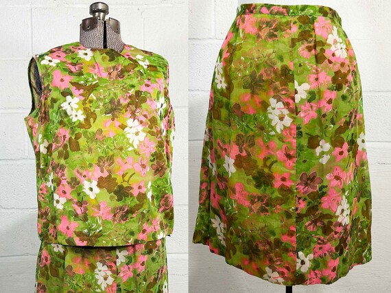 Vintage Floral Outfit Sleeveless Shell Top & Skirt Set Pink Green Separates Mod Secretary Outfit 1960s Large