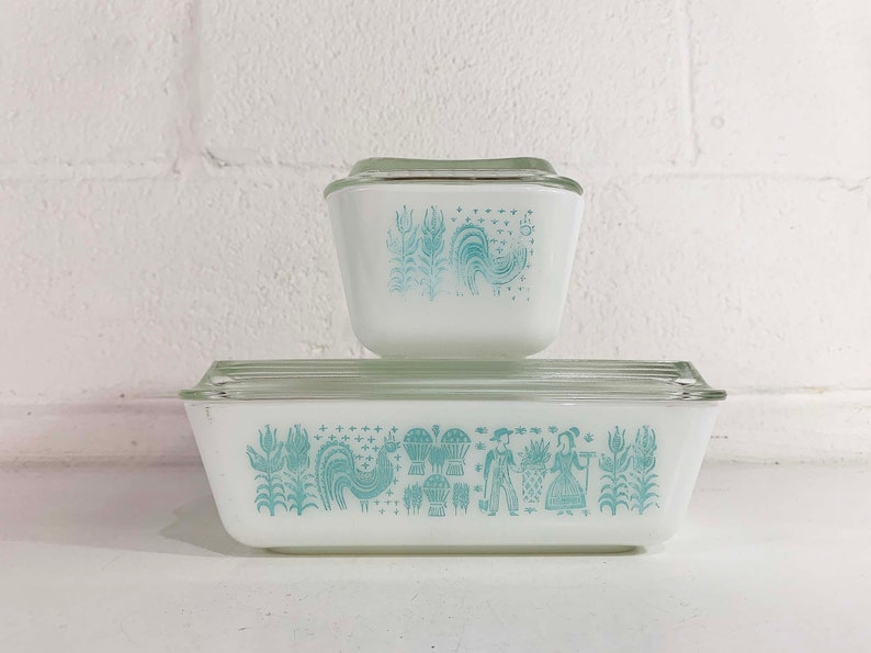 Vintage Pyrex Butterprint Refrigerator Dishes with Lids Amish Print Turquoise Blue Glass Dish Mid-Century 0503 0502 Ovenware Dopamine 1950s image 2