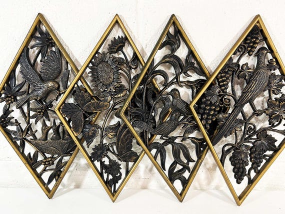 Vintage Bird Wall Decor Plastic Diamond Hanging Birds Set of 4 Gold 1970s 1972 Boho Retro Romantic Dopamine Flower Floral MCM