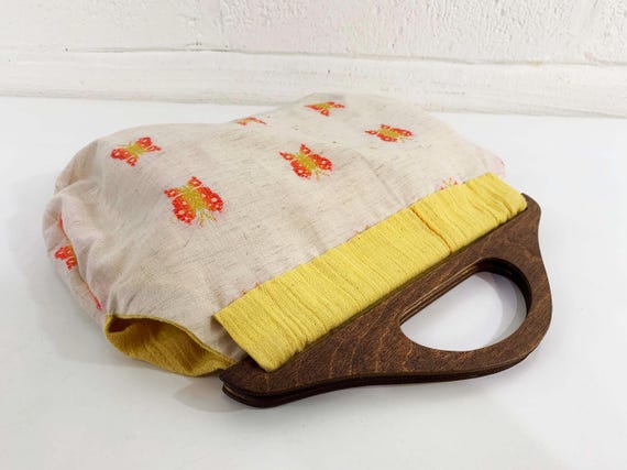 Vintage Reversible Fabric Purse Sewing Bag Handbag Purse Wood Handles Yellow Orange Floral Butterfly Rose 1970s 1960s