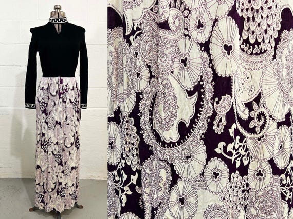 Vintage Black Paisley Maxi Dress, Mod Evening Hostess Gown Long Sleeves 1960s Small Medium