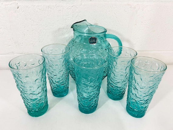 Vintage Aqua Marine Glass Pitcher Set of 6 Anchor Hocking Crinkle Mid-Century Cocktail Water Glasses Dinner Party MCM Blue 1960s
