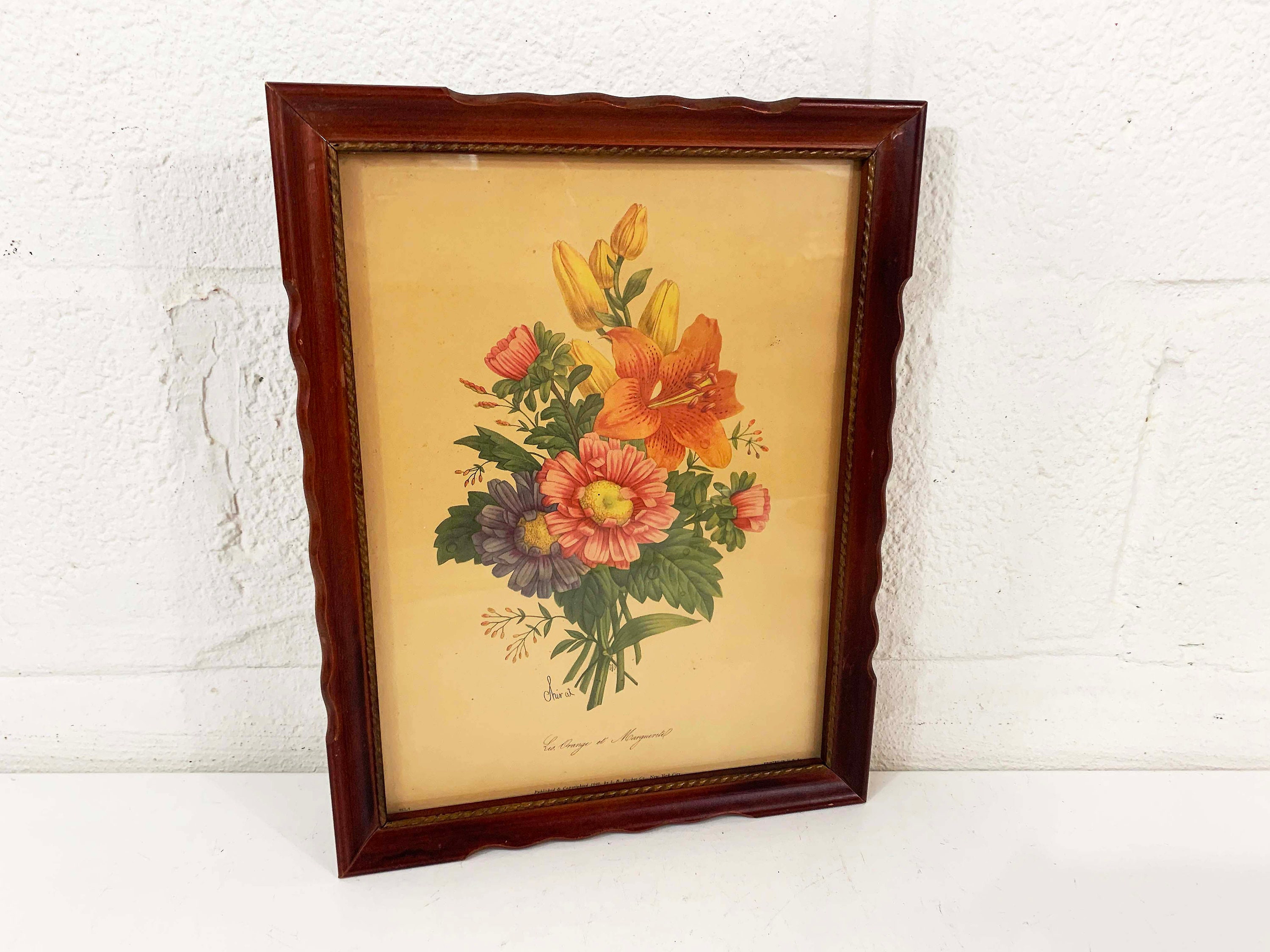 Vintage Framed Floral Print Botanical Wall Art Gallery Chirat 40s 1940s
