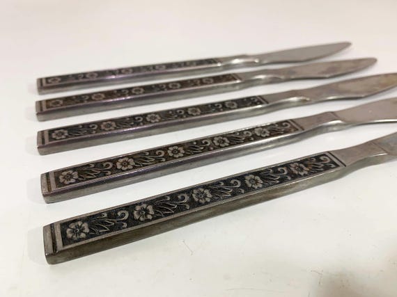 Vintage Mid Century Knives Flatware Silverware Set of 5 Kitchen Stainless Steel Japan 1960s Gold Standard Night Blossom Serving MCM