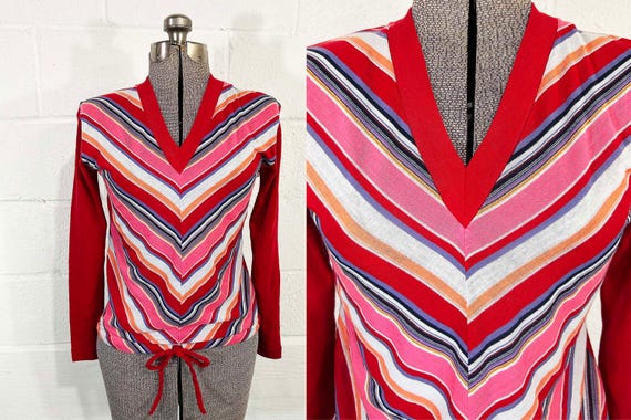 Vintage Chevron Knit Sweater Rainbow Pullover Jumper Long Sleeved Helen Sue 1970s Small
