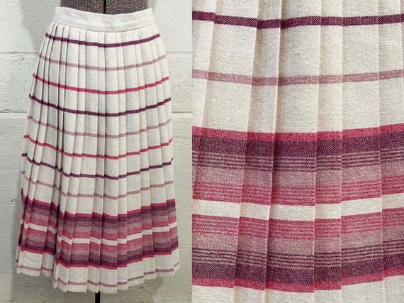 Vintage Pleated Wool Plaid Skirt Autumn Fall Back to School Circle Midi Haberdasher Pink White Purple 1990s 1980s Medium