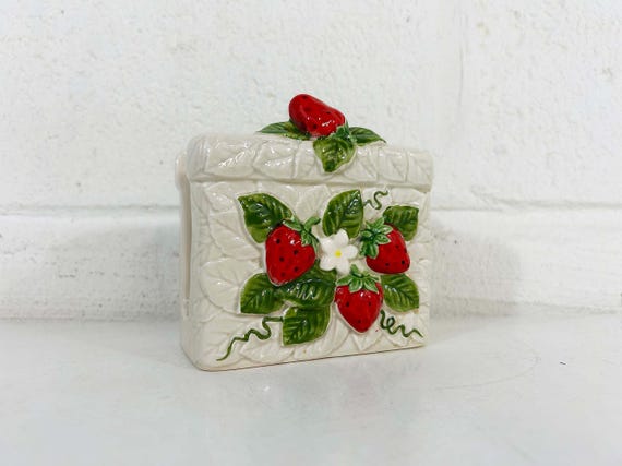 Vintage Strawberry Napkin Holder Sears Table Serving Ceramic Kitchen Kitsch Kitschy Cute Kawaii 1980s 1981