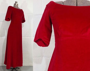 Vintage Red Velvet Gown Dress 3/4 Sleeves Maxi Party Evening Prom Wedding New Year's Hostess Bridesmaid Priscilla Of Boston 1960s Small XS