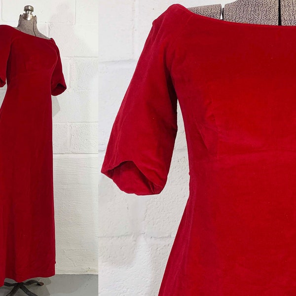 Vintage Red Velvet Gown Dress 3/4 Sleeves Maxi Party Evening Prom Wedding New Year's Hostess Bridesmaid Priscilla Of Boston 1960s Small XS