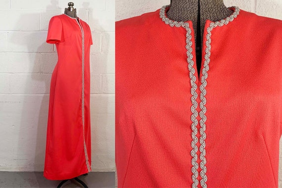 Vintage Mod Maxi Dress Pink Silver Trim 60s Fashion Short Sleeves Twiggy Salmon Rose Dopamine Dressing Hostess 1960s Large
