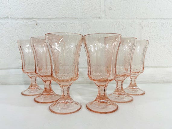 Vintage Indiana Glass Pink Madrid Recollection Goblets Set of 6 Elegant Bridal Shower Wedding Party Glassware 1980s