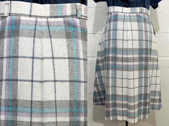 Vintage Pastel Plaid Skirt A Line Jr. Things Gray Blue Schoolgirl Academia Campus Style 1970s Small Medium