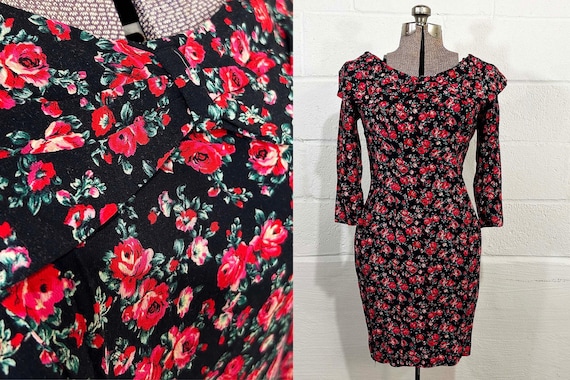 Vintage Grunge Dress Red Roses Long Sleeve Wedding Guest Bridesmaid Jonathan Martin Black Floral Romantic Grunge 1990s 1980s Small