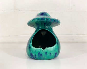 Vintage 1970s Mushroom Ashtray Candle Holder Ceramic Incense Blue Mid Century Mushie Mushrooms Pottery Mid-Century 70s 1974