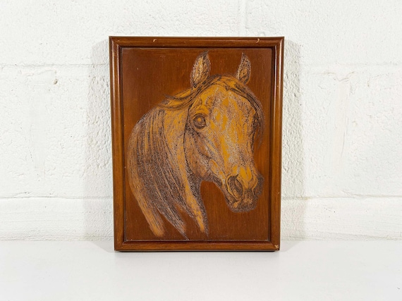 Vintage Horse Original Art Brown Wood Frame Artist Equestrian Decor Etching Pyropgrahy Picture E.H. Hart Nursery Wall Decor 1960s 1970s