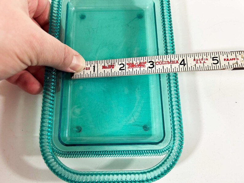 May include: A turquoise blue plastic dish with a decorative border. The dish is 4 inches wide.